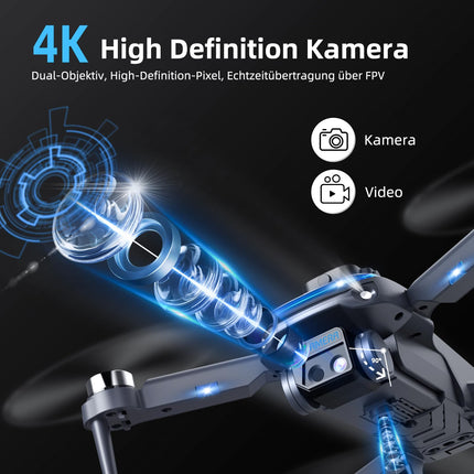Drons ar 4K kameru, salokāms ar tālvadības pulti, iekštelpu šķēršļu apiešana, optiskās plūsmas pozicionēšana, žestu fotografēšana, 360° pagrieziens, divas baterijas, rotaļu dāvana bērniem