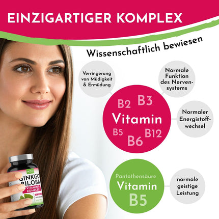 Ginkgo Biloba 6000 mg tabletē, 365 tabletes - vislabākā cenas un vērtības attiecība + B vitamīnu spēka komplekss, bez piedevām, laboratoriski pārbaudīts, ražots Austrijā, B12 vitamīns veicina noguruma mazināšanu