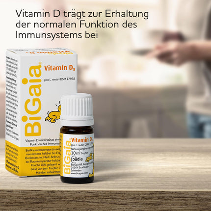 BiGaia Drops Plus D3 vitamīns, 10 ml, ar dabīgu pienskābes baktēriju L. reuteri zarnu mikrofloras atbalstam, zīdaiņiem no dzimšanas