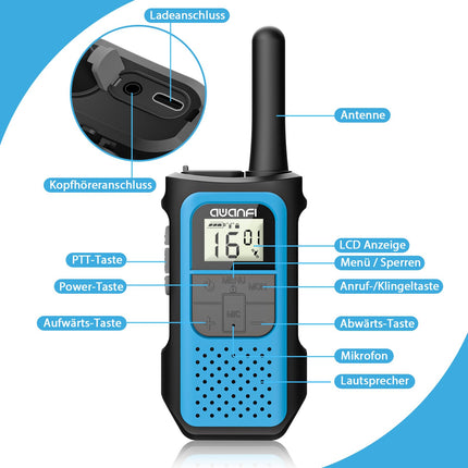 AWANFI rāciju komplekts (4 gab.), uzlādējama rācija pieaugušajiem un bērniem, 16 kanālu radio komplekts ar 1200mAh litija jonu akumulatoru VOX, rācija kempingam, pārgājieniem, dāvana