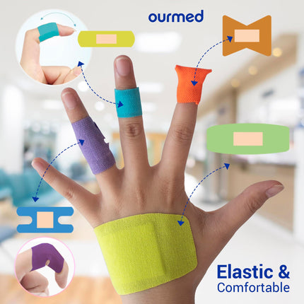 Ourmed universālie ģipša brūču plāksteri - elastīgi auduma pārsēji un nelīpoši pārsēji, bez lateksa, griezumiem, nobrāzumiem, tulznām, dažādi izmēri, spilgtas krāsas, 100 strēmelītes