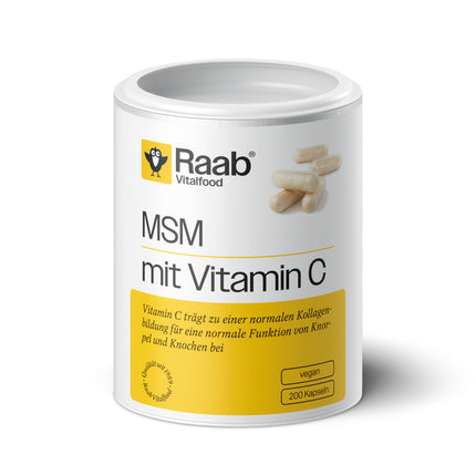 Raab Vitalfood MSM kapsulas, metilsulfonilmetāns, C vitamīns, 200 kapsulas, ļoti tīras, vegānas