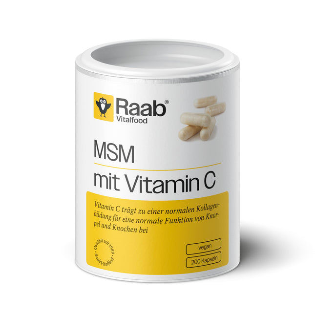 Raab Vitalfood MSM kapsulas, metilsulfonilmetāns, C vitamīns, 200 kapsulas, ļoti tīras, vegānas