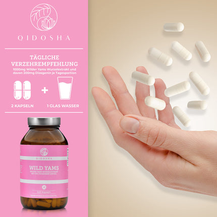 QIDOSHA® savvaļas jama saknes ekstrakts, 240 gab./burciņā, 1000 mg savvaļas jama saknes ekstrakta ar 200 mg diosgenīna vienā dienas devā, Meksikas savvaļas jama kapsulas ar augstu devu, vegānas, ražotas Vācijā