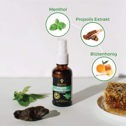 Bee&amp;You propolisa kakla aerosols ar medu (6%) 30 ml (nomierinošs maisījums, godīgas tirdzniecības, dabīgas un kontrolētas sastāvdaļas)