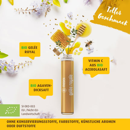Medex Organic Royal Jelly FORTE, īpaši stiprs ar 1500 mg peru pieniņa, šķidrums ampulās, viegli atverams, ar dabīgu C vitamīnu, no bioloģiskās lauksaimniecības, 10 x 9 ml