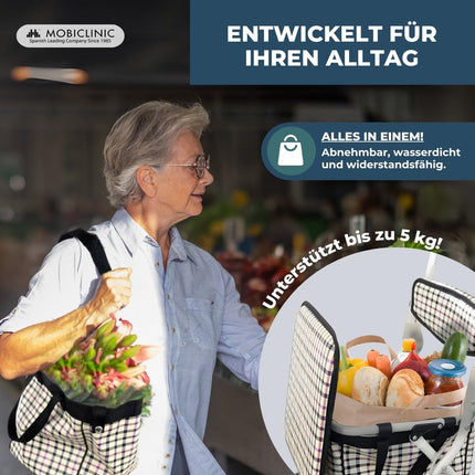 Mobiclinic®, iepirkšanās ratiņu rullītis, gājējs ar lielu iepirkumu maisiņu un sēdekli, 21L, salokāms, viegls, iepirkumu grozs, dubultā bremžu sistēma, staigāšanas palīgierīce, izgatavots no tērauda, ​​stabils