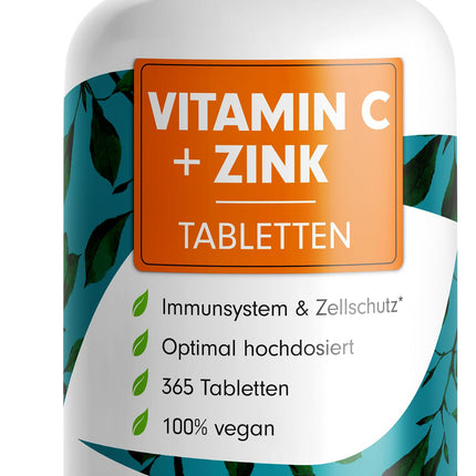 C vitamīns + cinks (365 tabletes) - optimāli augsta deva: 500 mg buferēta C vitamīna + 15 mg cinka no bioloģiski pieejamā cinka bisglicināta - imūnsistēmas un šūnu aizsardzība - laboratoriski pārbaudīts ar sertifikātu - 100% vegāns