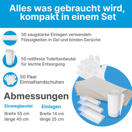 Wohlmed 50 daļu hermētisku tualetes maisiņu un absorbējošu paliktņu komplekts, ieskaitot 50 cimdu pārus, plīstizturīgi un hermētiski, higiēniski un absorbē smakas, ideāli piemēroti gultas podiem, tualetēm un kempingam.