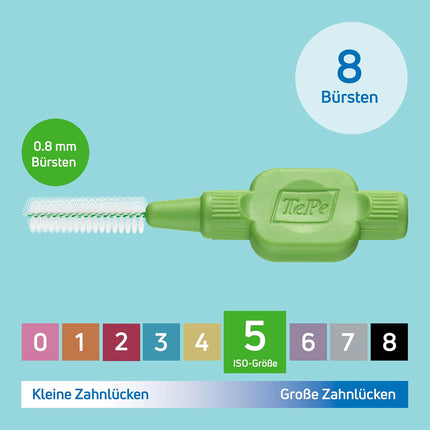 TePe starpzobu birste Original Green (ISO izmērs 5: 0,8 mm) / Vieglai un rūpīgai zobu starpu tīrīšanai / 1 x 8 starpzobu birstes
