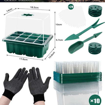 BITOYO iekštelpu siltumnīcas pavairotājs, 10 iepakojumu 120 šūnu mini siltumnīcas pavairošanas komplekts ar paceltu vāku un ventilāciju, stādu sākuma paplātes ar augu etiķetēm, stādiem, zaļš