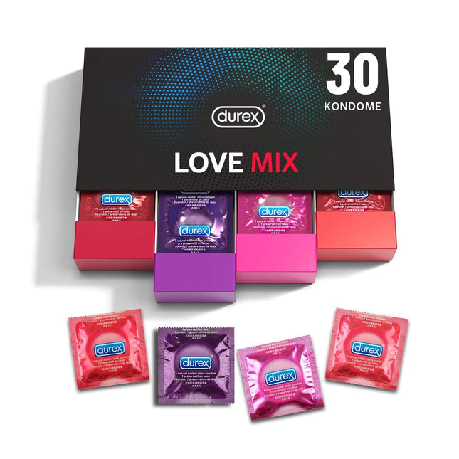 Durex Love Mix prezervatīvu maisījums – ideāli pieguļošs un patīkams aromāts – ar 4 dažādiem prezervatīvu veidiem, stilīgu uzglabāšanas kastīti – 30 iepakojums (1 x 30 gabali)