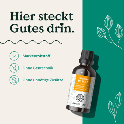 D3 vitamīns + K2 (50 ml) — augsta biopieejamība, pateicoties oriģinālajam K2VITAL® 99,7 % trans — laboratoriski pārbaudīts 1000 SV D3 vitamīna vienā pilienā (1700 pilieni ar D vitamīnu + K vitamīnu) — MCT eļļā — augsta deva