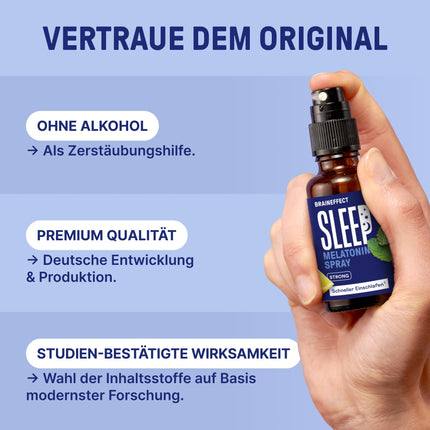 BRAINEFFECT MIEGA SPRAY STRONG The Original® - melatonīna aerosols ar augstu devu - 240 dienu lietošanai - ar piparmētru, citronu, lavandu un ašvagandu, bez cukura