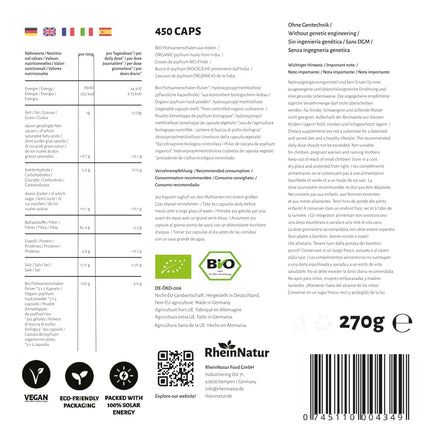 RheinNatur organiskās psyllium sēnalu kapsulas - 450 lielas devas kapsulas (3000 mg vienā porcijā) - ražotas Vācijā - psyllium sēnalu šķiedrvielas - psyllium kapsulas - atbalsta gremošanu