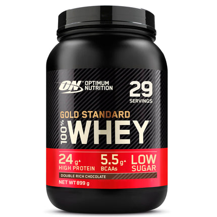 Optimum Nutrition Gold Standard 100% sūkalu proteīna pulveris muskuļu veidošanai un atjaunošanai ar dabiski sastopamu glutamīnu un BCAA aminoskābēm, dubulti bagātināta šokolāde, 29 porcijas, 899 g