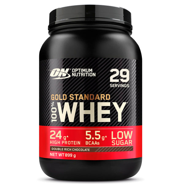 Optimum Nutrition Gold Standard 100% sūkalu proteīna pulveris muskuļu veidošanai un atjaunošanai ar dabiski sastopamu glutamīnu un BCAA aminoskābēm, dubulti bagātināta šokolāde, 29 porcijas, 899 g