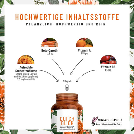 Acu vitamīni - luteīna zeaksantīna kompleksa kapsulas ar beta karotīnu un A vitamīnu, augsta deva un vegānisks - 90 acu kapsulas ar luteīnu 20 mg 3 mēnešiem - acu vitamīni - 100% dabīgi