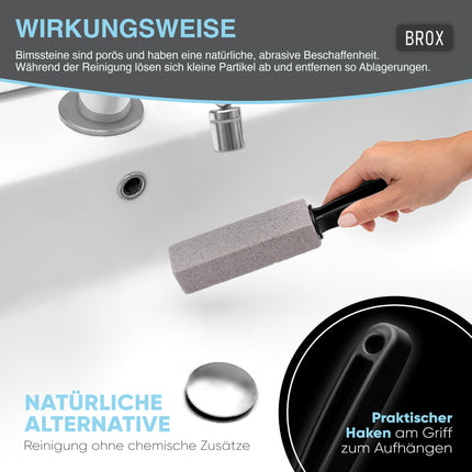 BROX® pumeka akmens tualetes 3 gabali – tualetes tīrīšanas līdzeklis grūti tīrāmiem urīna nosēdumiem un kaļķakmens nosēdumiem – pumeka akmens tualetes pods – tualetes akmens efektīvai tīrīšanai – tīrīšanas akmens – urīna akmeņu noņēmējs ar melnu rokturi