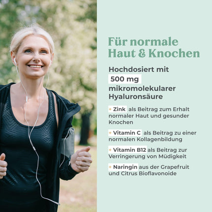 Hialuronskābes kapsulas ar augstu devu – 500 mg vienā kapsulā – 90 vegāniskas hialuronskābes kapsulas 3 mēnešu krājumā – 500–700 kDa I Bagātināts ar cinku, lai veicinātu normālas ādas un kaulu veselības uzturēšanu.
