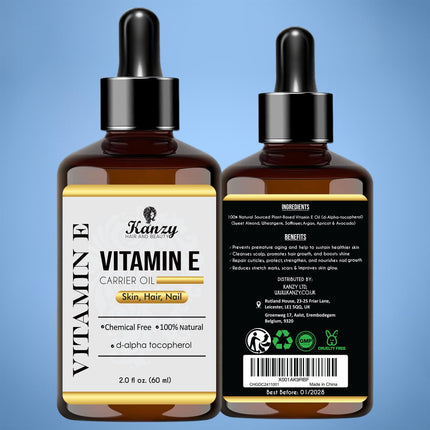 Kanzy E vitamīna eļļas organiskie pilieni kosmētikai 60 ml 100% dabīgs d-alfa-tokoferols, pretgrumbu, pretnovecošanās līdzeklis, tīra E vitamīna eļļa pret visu veidu grumbām, sejai, nagiem un matiem