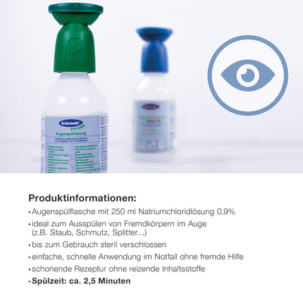 ACTIOMEDIC acu skalošanas līdzeklis ar 0,9% nātrija hlorīda šķīdumu | Sterils acu tīrīšanas līdzeklis darbam | Acu skalošanas pudele ar fizioloģisko šķīdumu | Pirmā palīdzība ar ergonomisku skalošanas galviņu un vāciņu | 250 ml