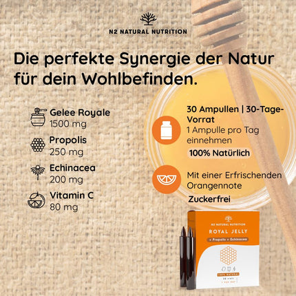 Tīra peru pieniņa ar propolisu, C vitamīnu un ehināciju. 30 ampulas pa 2000 mg. Mazina nogurumu un citus simptomus, palielina enerģiju, vitalitāti un uzlabo vielmaiņu. N2 Natural Nutrition