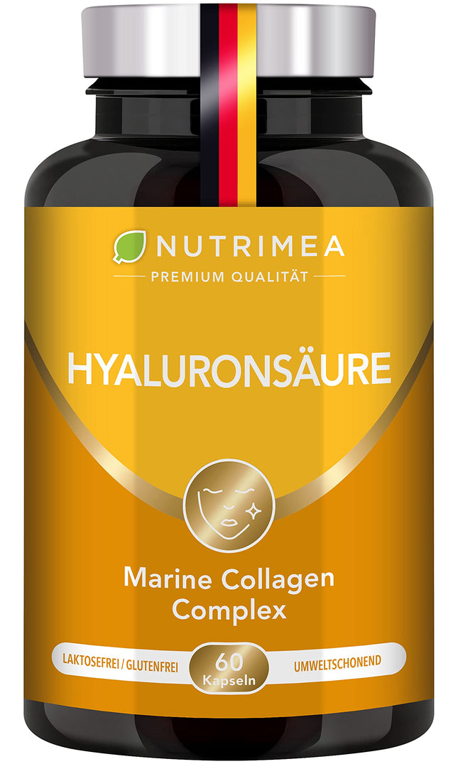 Hialuronskābes kolagēna komplekss | Augstākās kvalitātes hialuronskābe, bagātināta ar C vitamīnu un A vitamīnu | 60 kapsulas ar augstu devu | Gludai ādai, novecošanās novēršanai un locītavām