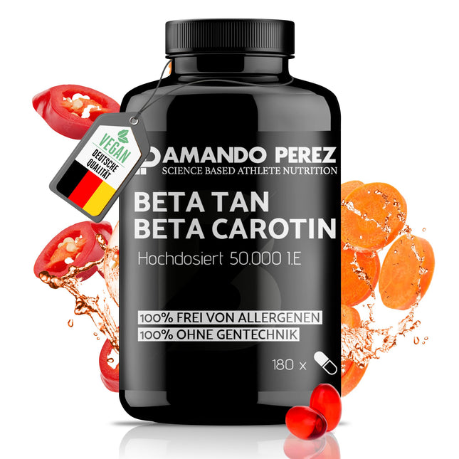 Amando Perez Beta karotīna 50 000 SV Depot iedeguma kapsulas - 180 mīkstās kapsulas, augstas devas un vegānas - A vitamīna prekursors - bez alergēniem un ĢMO - dabīgs iedegums