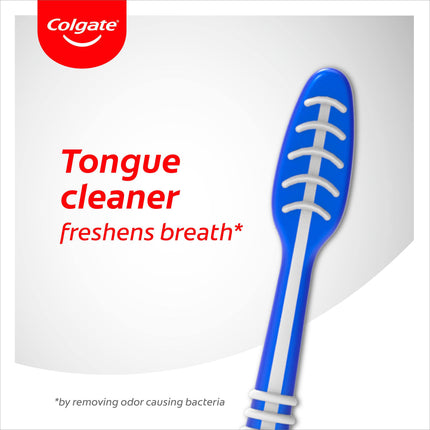 Colgate Extra Clean zobu birste, 3 daļas – Manuāla zobu birste ar vidēji cietiem sariem, kas iztīra starp zobiem un aizmugurējos zobus – Zobu tīrīšana ar integrētu mēles tīrītāju