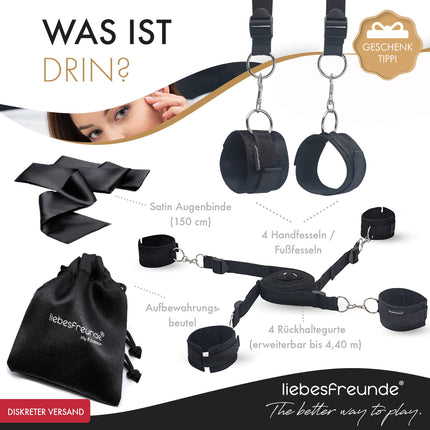 liebesfreunde® Bondage Set Bed Restraints Seksa rotaļlieta pāriem I Īpaši stabils BDSM bondage komplekts ar gultas ierobežojumiem, roku dzelžiem, aizsietām acīm