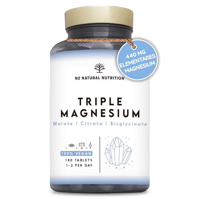 Augstas devas magnija komplekss, 440 mg elementārā magnija vienā dienas devā. Trīskāršs magnijs ar: magnija citrātu 1440 mg, magnija bisglicinātu 600 mg, magnija malātu 600 mg. 180 tabletes. 3 mēneši. N2
