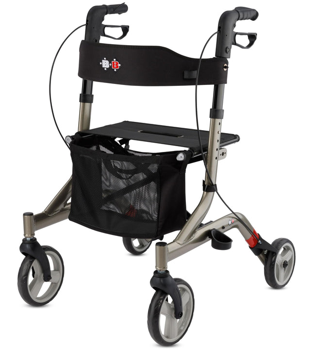 Bischoff &amp; Bischoff Capero rollators, salokāms – viegls rollators lietošanai iekštelpās un ārā, staigulītis ar muguras siksnu, spieķa turētāju un noņemamu sieta maisiņu, platīna krāsā