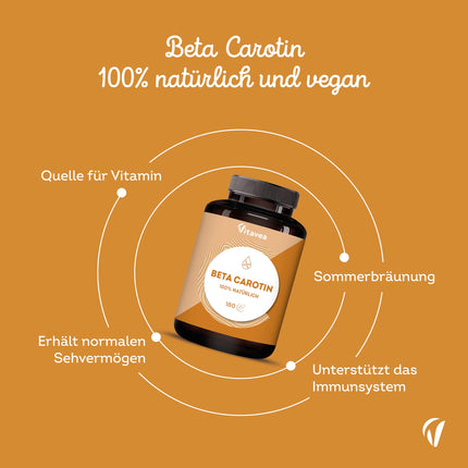 Beta karotīna kapsulas ar augstu devu un vegānas – A vitamīna priekštecis – Starojošs un ilgstošs iedegums – Karotīna kapsulas ar augstu devu iedegumam – 100% dabīgas – Bez piedevām – 180 kapsulas – Vitavea