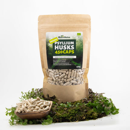 RheinNatur organiskās psyllium sēnalu kapsulas - 450 lielas devas kapsulas (3000 mg vienā porcijā) - ražotas Vācijā - psyllium sēnalu šķiedrvielas - psyllium kapsulas - atbalsta gremošanu