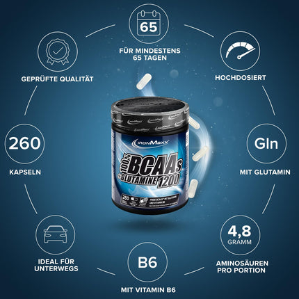 IronMaxx BCAA + Glutamīns - 1200 (260 trikapsulas) | BCAA kapsulas, bez cukura un konservantiem | Augstas devas aminoskābju kapsulas, ieskaitot visas sazarotās ķēdes aminoskābes (BCAA) un L-glutamīnu