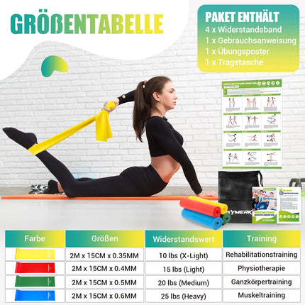 GYMERK fitnesa lentu komplekts (4 gab.), 1,8 m fitnesa lentes, 4 pretestības līmeņi ar vingrojumu plakātu, vingrojumu lente ar pārnēsāšanas somu un vingrojumu instrukcijām, ideāli piemērotas jogai, Pilates, muskuļu veidošanai, fizioterapijai