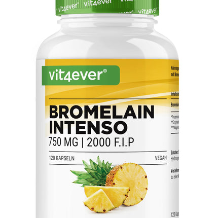 Bromelain Intenso - 750 mg (2000 FIP) - 120 kuņģa sulu izturīgas kapsulas - dabīgs ananāsu ekstrakts - laboratorijā pārbaudīts - vegāns - augsta deva