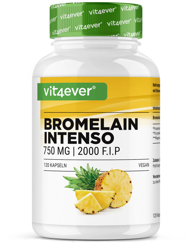 Bromelain Intenso - 750 mg (2000 FIP) - 120 kuņģa sulu izturīgas kapsulas - dabīgs ananāsu ekstrakts - laboratorijā pārbaudīts - vegāns - augsta deva