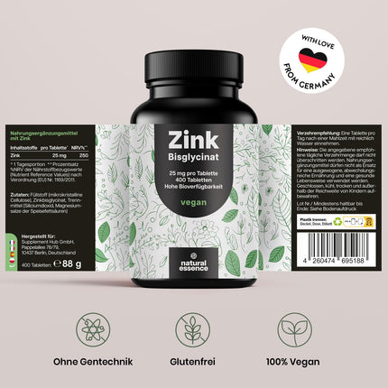 Cinka tabletes ar augstu devu 25 mg - 400 tabletes ar augstu devu ar cinka bisglicinātu - Vegāns un ražots Vācijā - Laboratorijā pārbaudīts