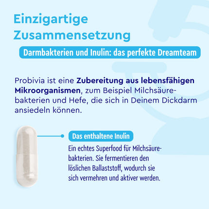 Probivia® kultūru komplekss ar 500 miljardiem KVV/g* - 22 baktēriju celmi + inulīns - 180 kuņģa sulu izturīgas kapsulas - ieskaitot Lactobacillus, Bifidobacterium - *tas atbilst 10 miljardiem KVV vienā dienas devā