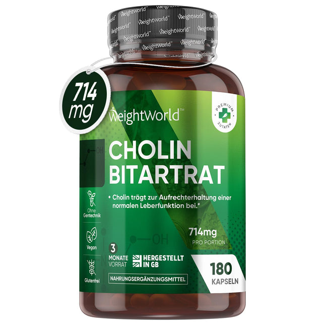 Holīna kapsulas - 714 mg vienā porcijā - aknu darbība, homocisteīns un lipīdu metabolisms (EFSA) - 180 vegānas kapsulas 3 mēnešu piegādei - holīna bitartrāts no WeightWorld