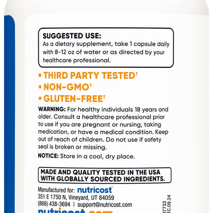 Nutricost L-teanīns 200 mg, 120 kapsulas, dubulta iedarbība - bez ĢMO, bez glutēna