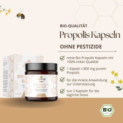 Bedrop organiskās propolisa kapsulas 800 mg vienā kapsulā, augsta deva - 60 propolisa ekstrakta kapsulas no bioloģiskās biškopības - Bagāta ar polifenoliem un flavonoīdiem - Ilgtspējīgā stikla iepakojumā