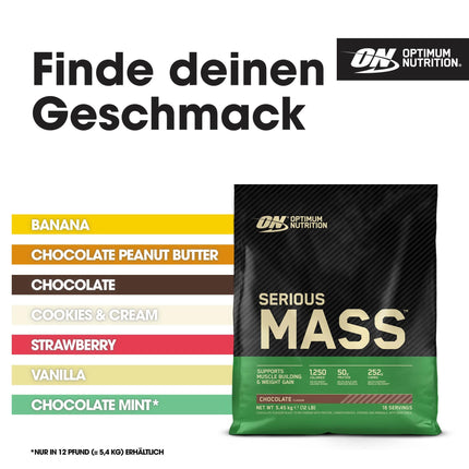 Optimum Nutrition Serious Mass augstas kaloritātes proteīna pulveris masas veidošanai ar 25 vitamīniem un minerālvielām, kreatīna monohidrātu un glutamīnu, šokolādes garšu, 16 porcijas, 5,45 kg