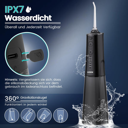 Mutes dobuma irrigators bezvada elektriskais zobu tīrītājs, Vimmk zobu irrigators ar ūdens irgotāju, 5 režīmi un 8 sprauslas, USB-C uzlādējams ūdens irgotājs, IPX7 ūdensizturīgs, 300 ml ūdens tvertnes mutes tīrītājs (melns)