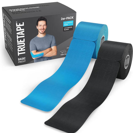 TRUETAPE® Kinesiotape – BASIC iepriekš sagriezta – 2 x 20 strēmeles (25 cm x 5 cm) – Iepriekš sagrieztas kinezioloģiskas lentes – Ūdensizturīga un elastīga fizioteipa ikdienas lietošanai un sportam – Zila un melna