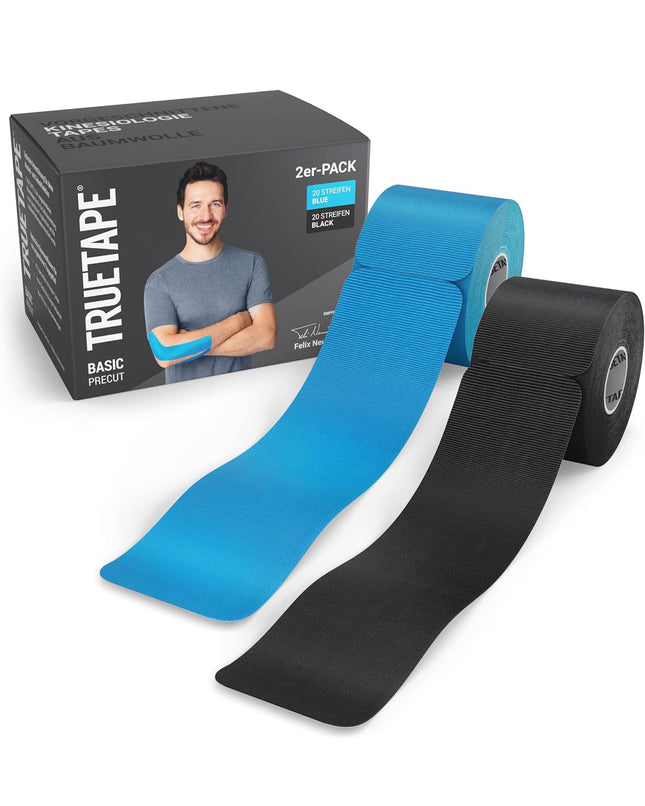 TRUETAPE® Kinesiotape – BASIC iepriekš sagriezta – 2 x 20 strēmeles (25 cm x 5 cm) – Iepriekš sagrieztas kinezioloģiskas lentes – Ūdensizturīga un elastīga fizioteipa ikdienas lietošanai un sportam – Zila un melna