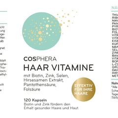 Cosphera matu vitamīni - lielas biotīna, selēna un cinka devas, kas veicina normālu matu veselību. Plus folskābe un prosas sēklu ekstrakts (bagāts ar silīciju) — 120 vegānas kapsulas 2 mēnešu daudzumā.