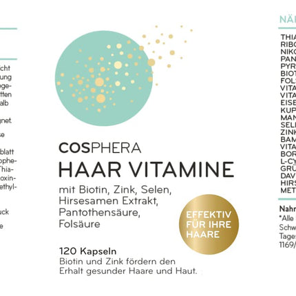 Cosphera matu vitamīni - lielas biotīna, selēna un cinka devas, kas veicina normālu matu veselību. Plus folskābe un prosas sēklu ekstrakts (bagāts ar silīciju) — 120 vegānas kapsulas 2 mēnešu daudzumā.